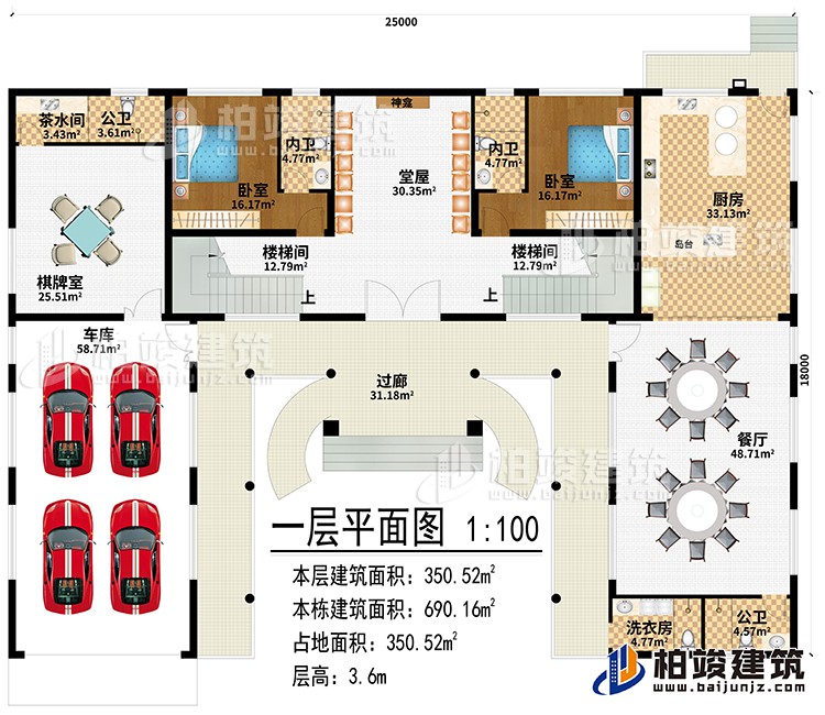 一層：過廊、堂屋、神龕、2樓梯間、廚房、餐廳、棋牌室、車庫、茶水間、2公衛、洗衣房、2臥室、2內衛