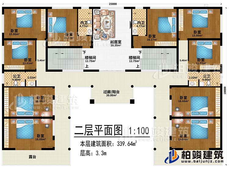 二層：起居室、2樓梯間、過廊/陽台、10臥室、2內衛、2公衛、2露台