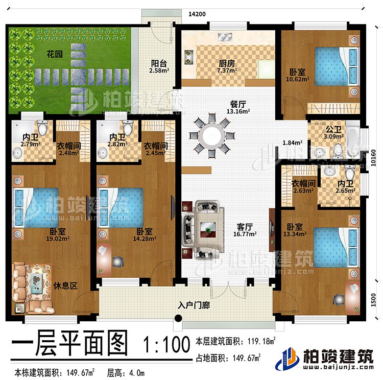 一層：入戶門廊、客廳、餐廳、廚房、陽台、花園、4臥室、３衣帽間、休息區、3內衛、公衛
