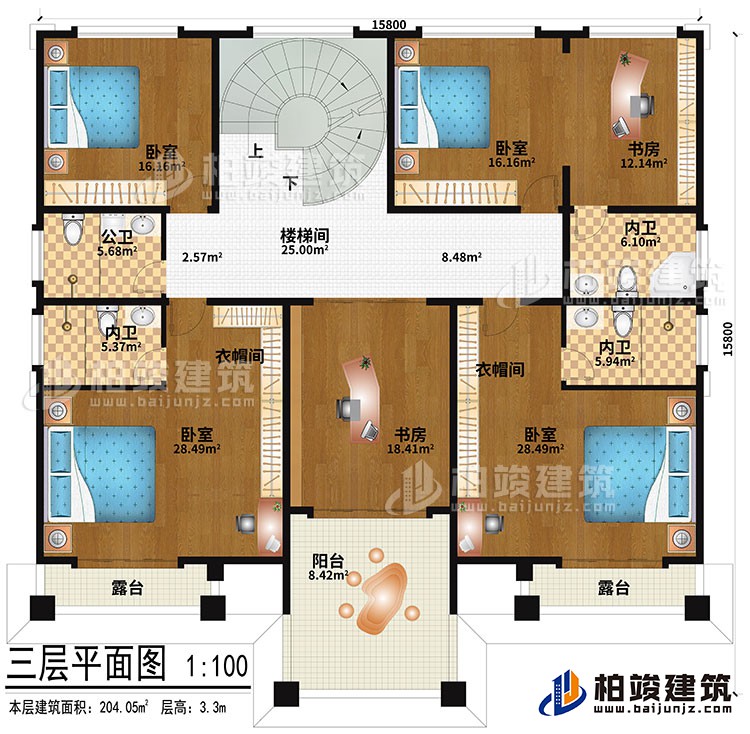三層：樓梯間、4臥室、2衣帽間、2書房、公衛、3內衛、2露台、陽台