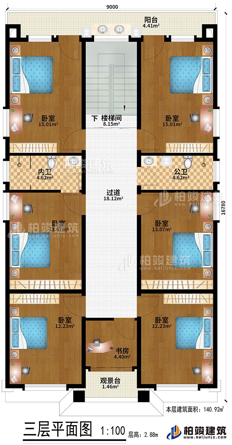 三層：6臥室、過道、樓梯間、書房、觀景台、公衛、內衛、陽台