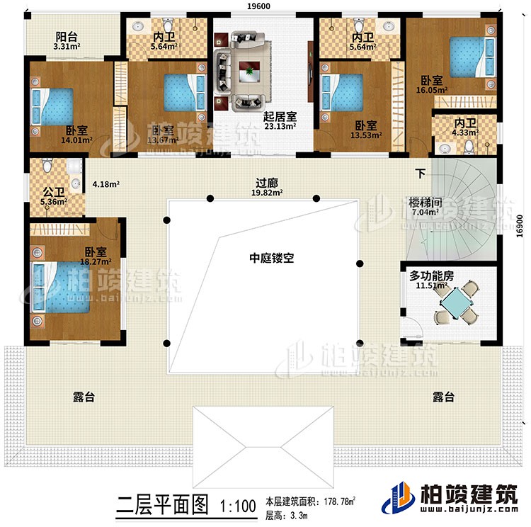 二層：起居室、中庭、過廊、樓梯間、5臥室、公衛、3內衛、2露台、陽台、多功能房