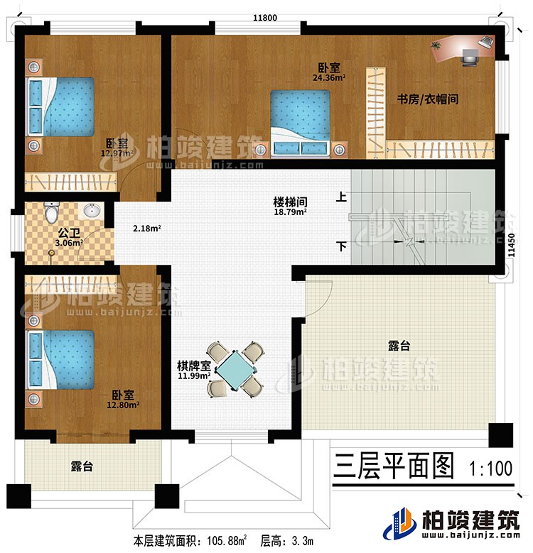 三層：棋牌室、樓梯間、3臥室、書房/衣帽間、公衛、2露台