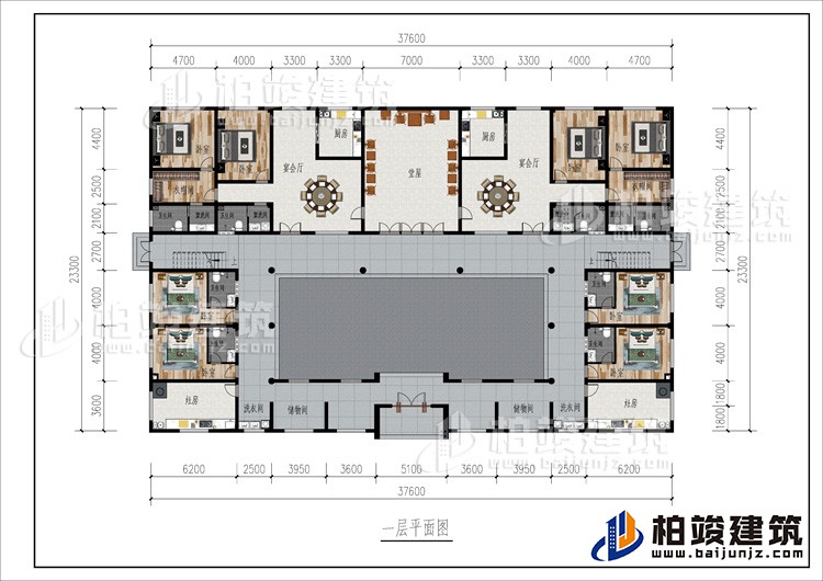 一層：2儲物間、2洗衣間、2灶房、8臥室、2衣帽間、2公衛、6內衛、2廚房、2宴會廳、堂屋