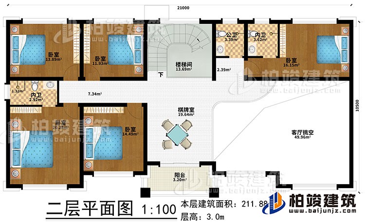 二層：棋牌室、樓梯間、5臥室、2內衛、公衛、客廳挑空、陽台