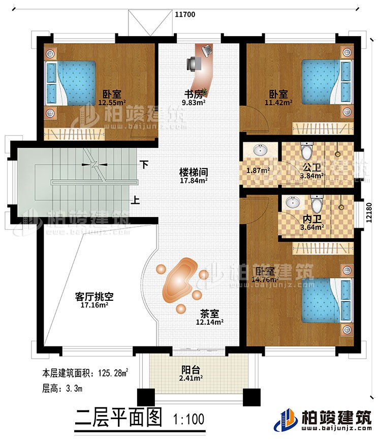 二層：樓梯間、書房、茶室、客廳挑空、3臥室、公衛、內衛、陽台