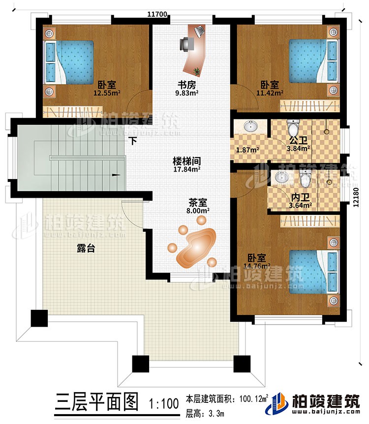 三層：樓梯間、書房、茶室、3臥室、公衛、內衛、露台