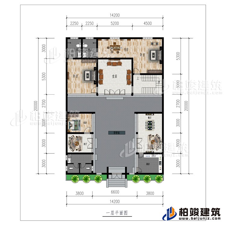 一層：廚房、2客廳、餐廳、公衛、3臥室、影壁牆、堂屋、書房、2內衛