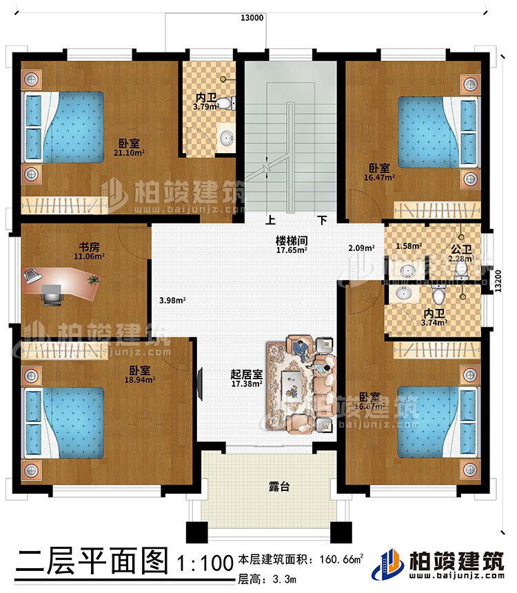 二層：起居室、樓梯間、4臥室、書房、公衛、內衛、露台