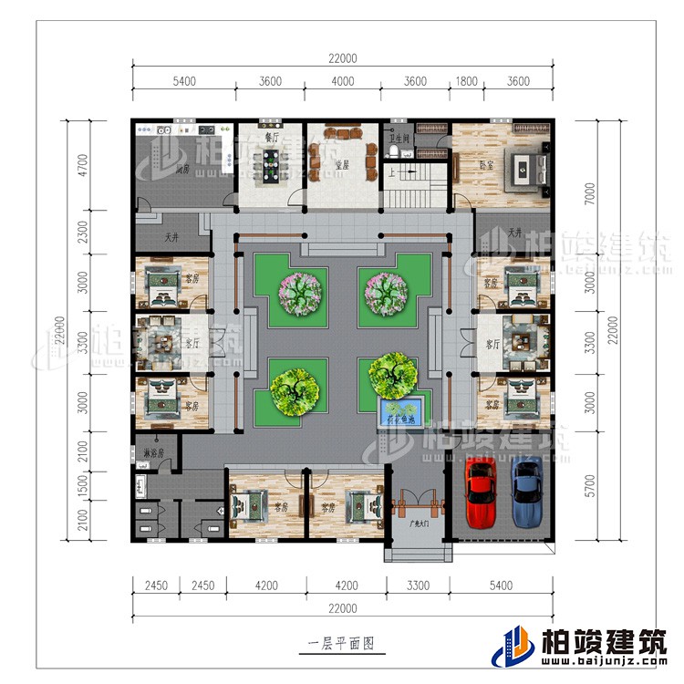 一層：廣亮大門、車庫、書房、公衛、7臥室、2客廳、餐廳、廚房、堂屋、2天井、內衛、荷花魚池