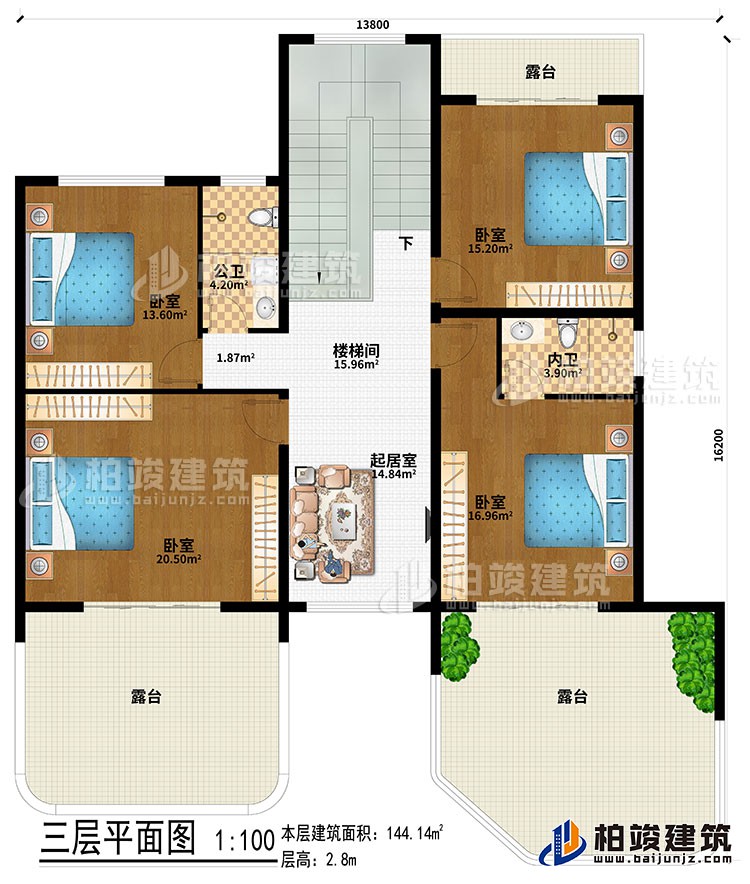 三層：樓梯間、起居室、4臥室、公衛、內衛、3露台