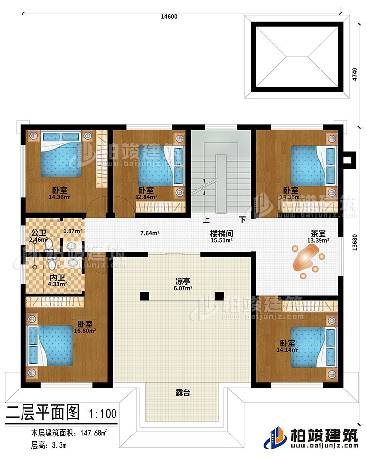 二層：樓梯間、茶室、涼亭、5臥室、公衛、內衛、露台