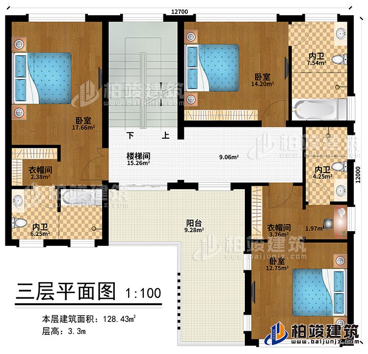 三層：樓梯間、3臥室、2衣帽間、3內衛、陽台