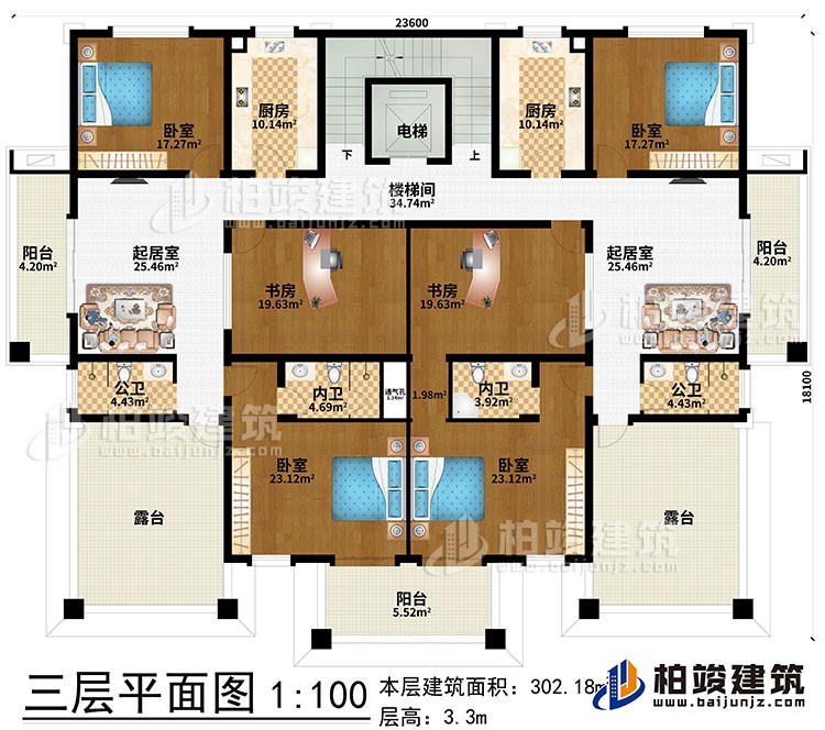 三層：2起居室、2公衛、2內衛、樓梯間、電梯、2廚房、2書房、4臥室、3陽台、2露台、通氣孔