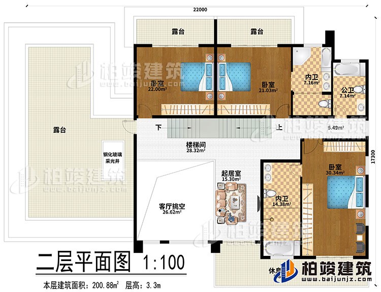 二層：起居室、樓梯間、客廳挑空、3臥室、3露台、鋼化玻璃采光井、2內衛、公衛、休息陽台