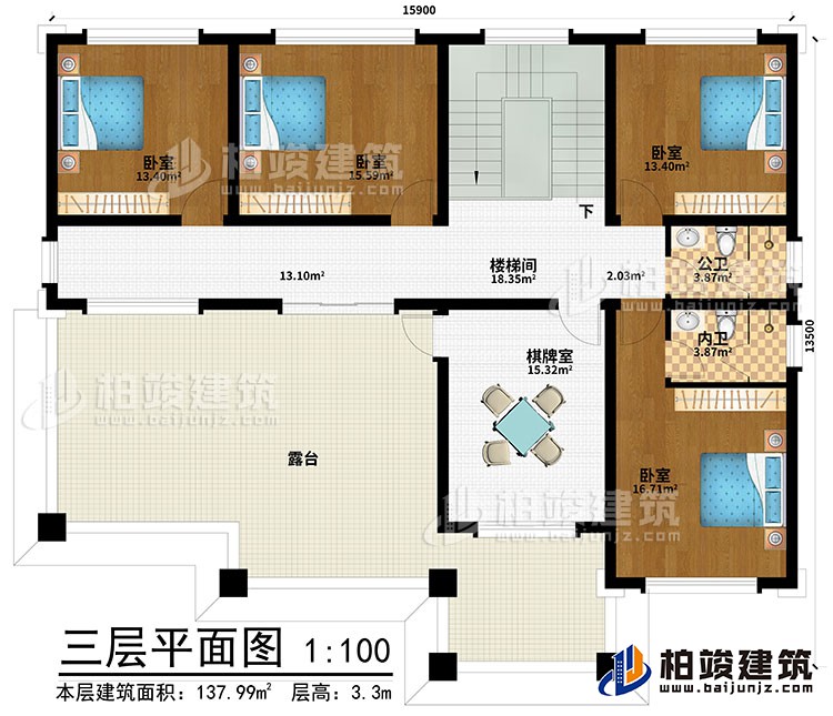 三層：樓梯間、棋牌室、4臥室、公衛、內衛、露台
