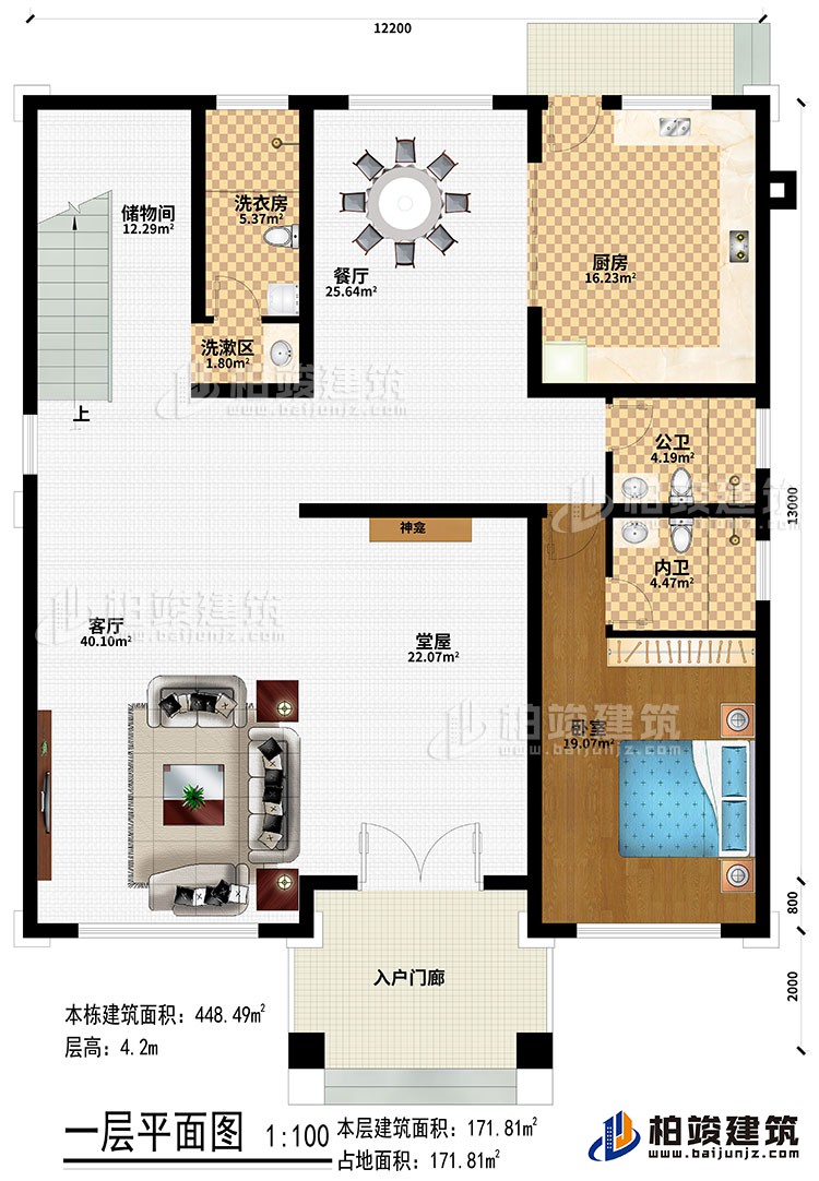 一層：入戶門廊、堂屋、神龕、客廳、餐廳、廚房、臥室、公衛、內衛、洗漱區、洗衣房、儲物間