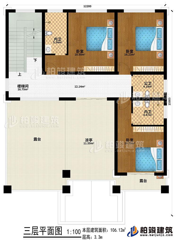 三層：樓梯間、3臥室、2內衛、公衛、涼亭、2露台