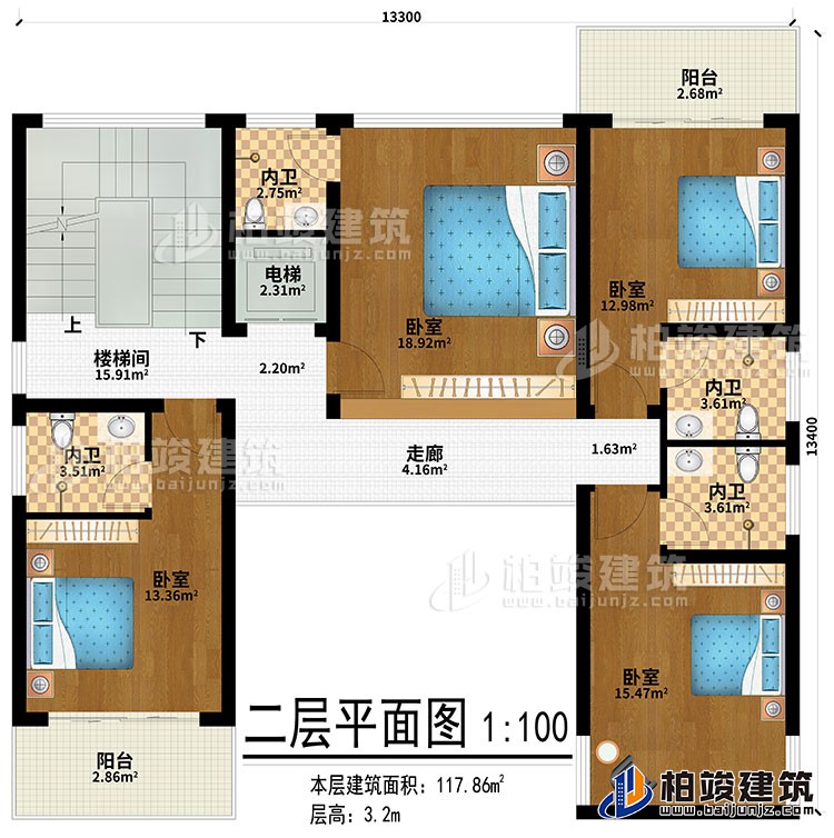 二層：走廊、4臥室、4內衛、2陽台、樓梯間、電梯