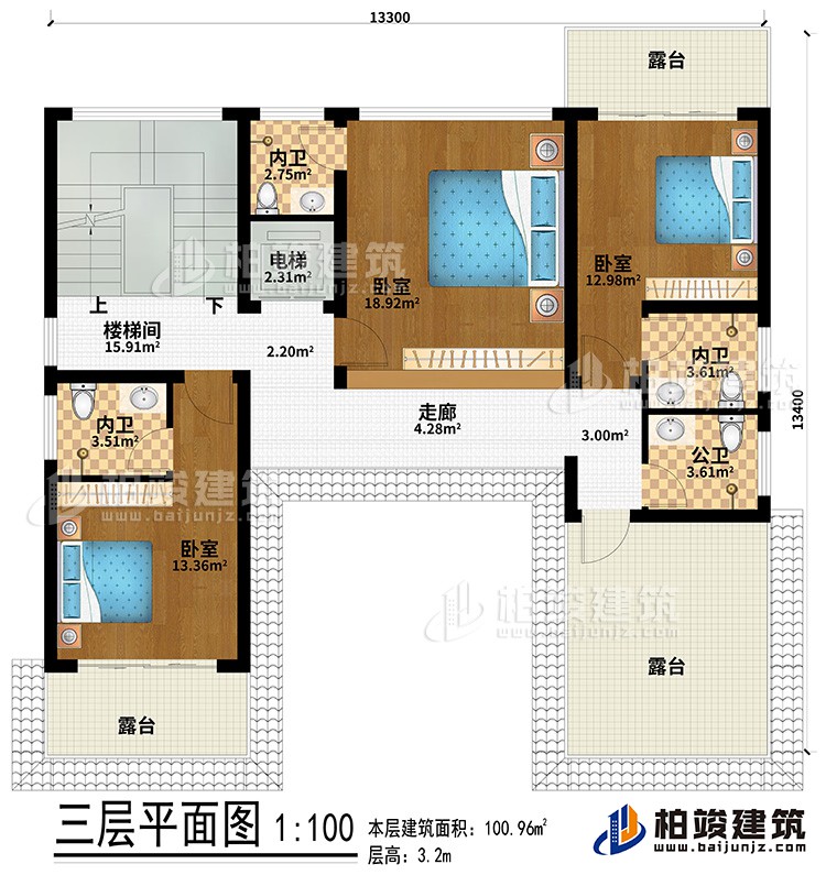 三層：走廊、3臥室、3內衛、3露台、樓梯間、電梯、公衛