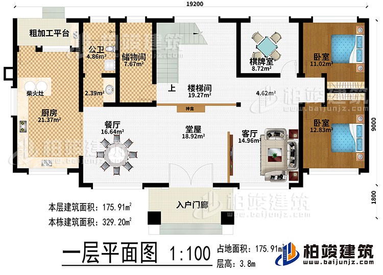 一層：入戶門廊、堂屋、神龕、客廳、餐廳、廚房、柴火灶、粗加工平台、儲物間、樓梯間、棋牌室、2臥室、公衛