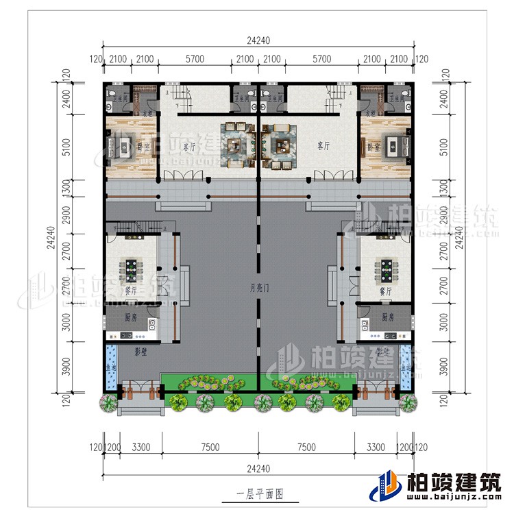 一層：月亮門、2廚房、2影壁、2餐廳、2客廳、2臥室、2衣櫃、2內衛、2魚池