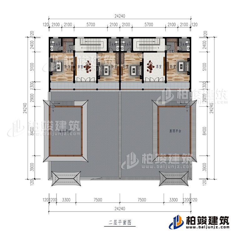 二層：2屋頂平台、2茶室、4臥室、2衣櫃、4內衛