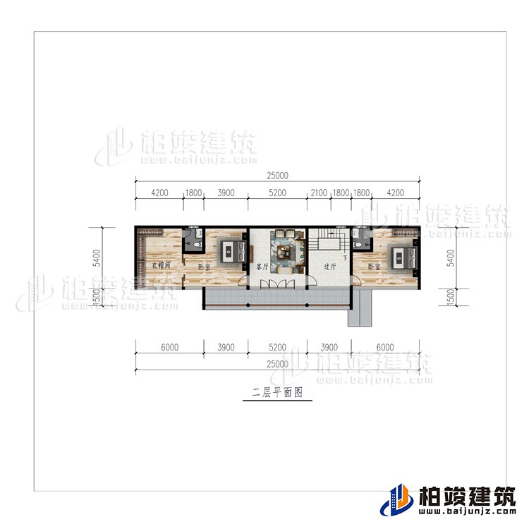 二層：過廳、客廳、衣帽間、2臥室
