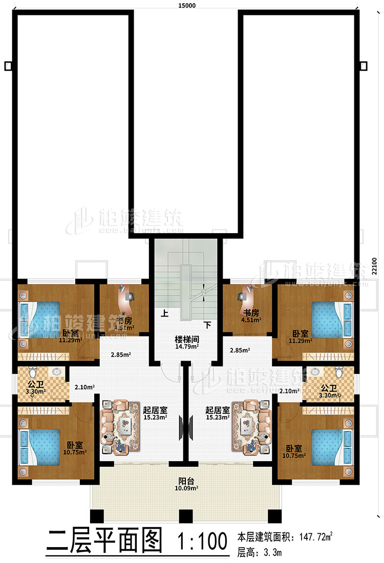 二層：2起居室、2書房、4臥室、2公衛、樓梯間、陽台