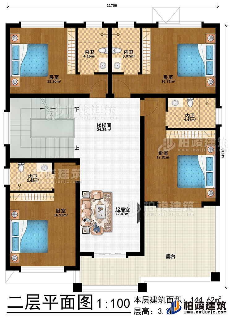 二層：起居室、樓梯間、4臥室、4內衛、露台