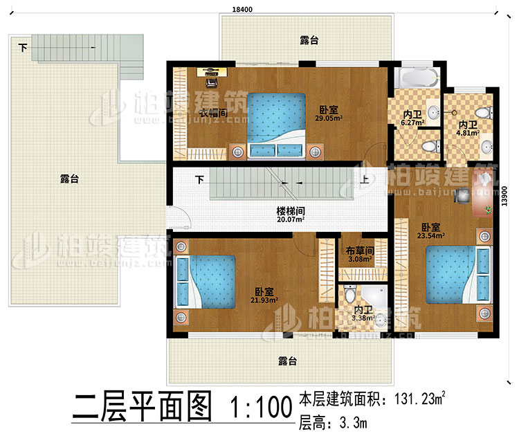 二層：樓梯間、3臥室、衣帽間、布草間、3內衛、3露台