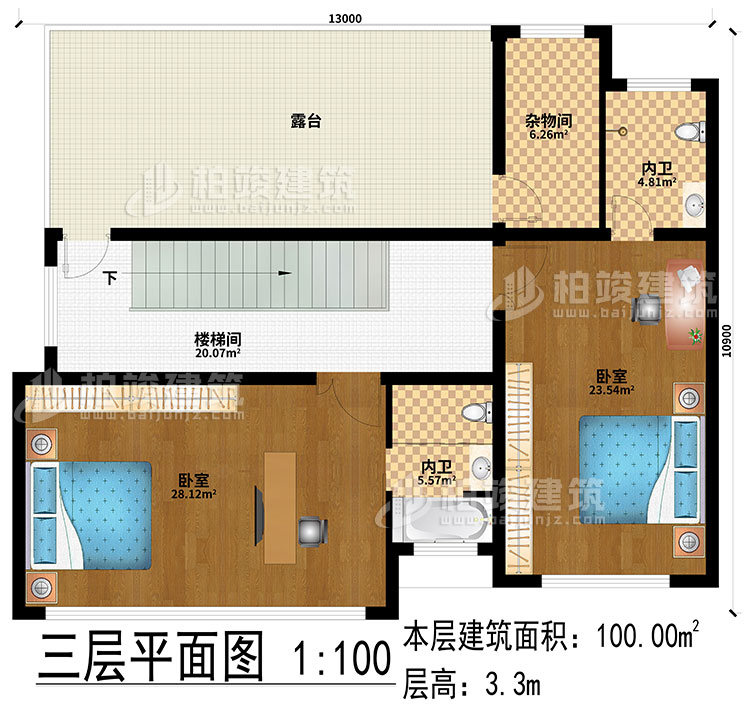三層：2臥室、樓梯間、露台、2內衛、雜物間