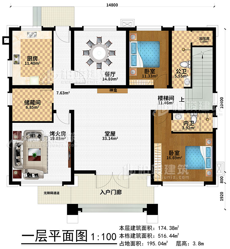 一層：入戶門廊、無障礙通道、廚房、餐廳、儲藏間、烤火房、公衛、加壓房、樓梯間、2臥室、內衛