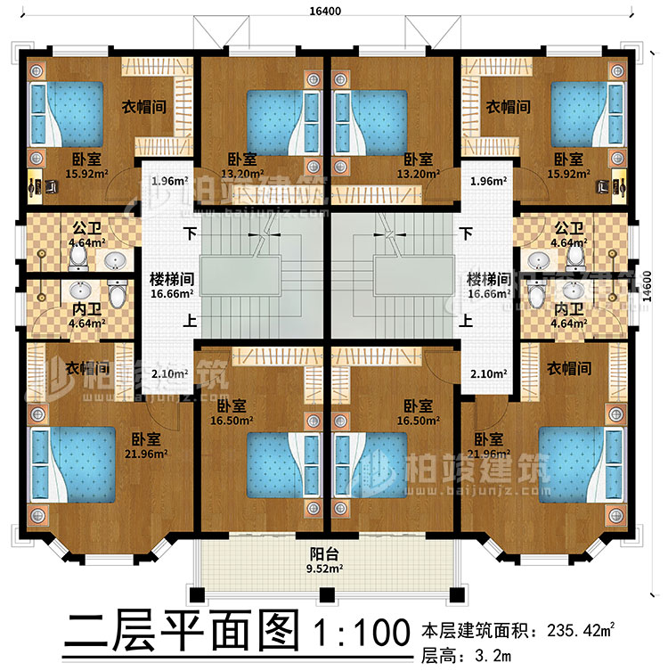二層：2樓梯間、8臥室、4衣帽間、2公衛、2內衛、陽台