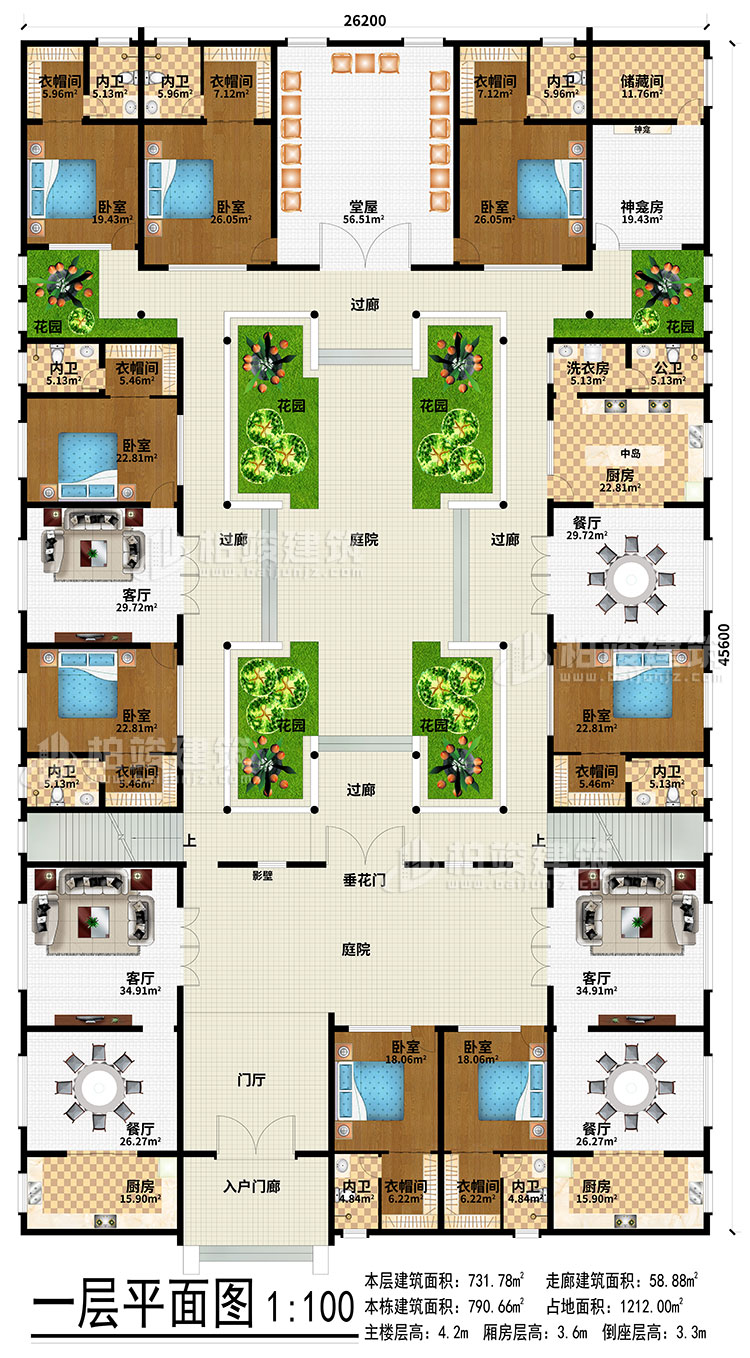 一層：入戶門廊、門廳、3餐廳、3廚房、3客廳、堂屋、神龕、神龕房、儲物間、6花園、4過廊、2庭院、影壁、垂花門、中島、洗衣房、公衛、8臥室、8衣帽間、8內衛