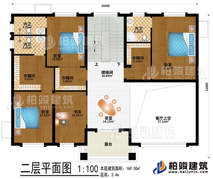 二層：茶室、樓梯間、客廳上空、3臥室、3衣帽間、書房、3內衛、露台