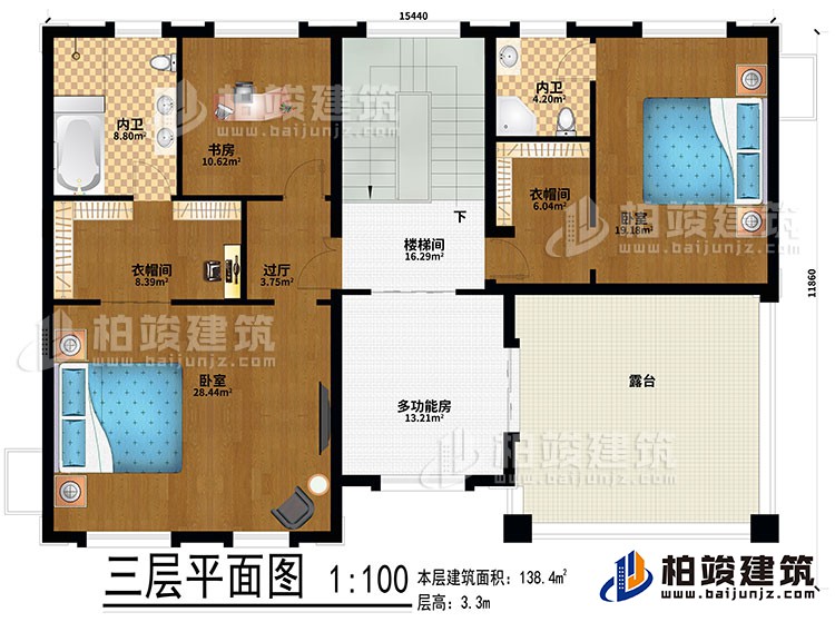 三層：2臥室、2衣帽間、過廳、書房、2內衛、多功能房、樓梯間、露台