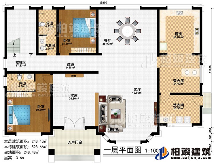 一層：入戶門廊、堂屋、神龕、客廳、餐廳、廚房、柴火房、2臥室、洗漱間、洗衣間、公衛、內衛、過道、樓梯間