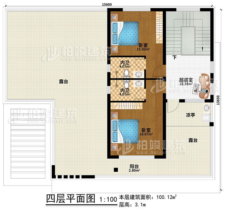四層：起居室、2臥室、2內衛、涼亭、陽台、2露台