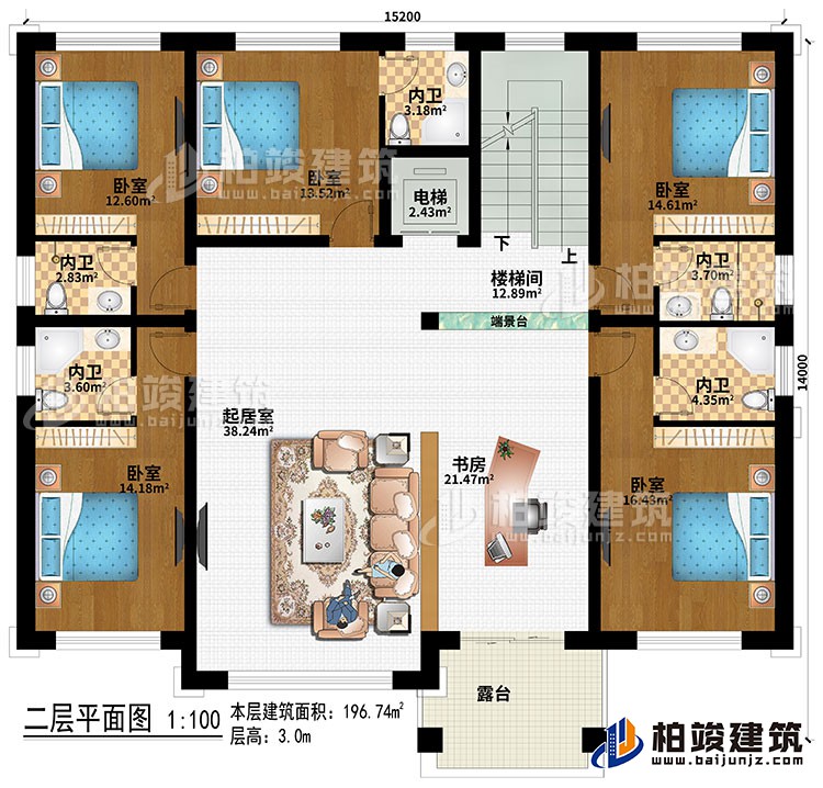 二層：樓梯間、端景台、起居室、書房、5臥室、電梯、5內衛、露台