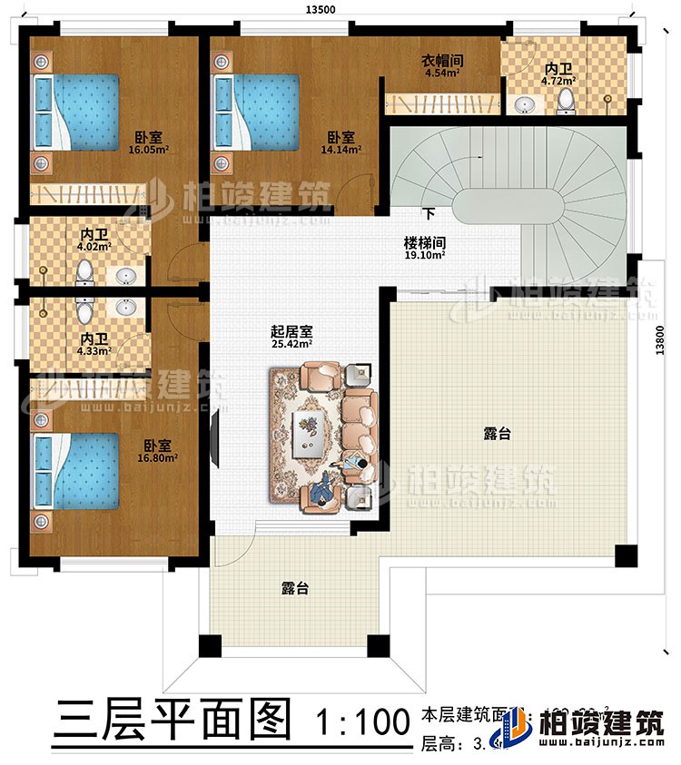 三層：樓梯間、起居室、3臥室、衣帽間、3內衛、2露台
