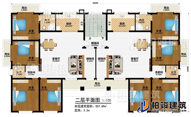 二層：樓梯間、2客餐廳、2儲物間、2廚房、8臥室、5陽台、2內衛、2公衛、2洗漱間