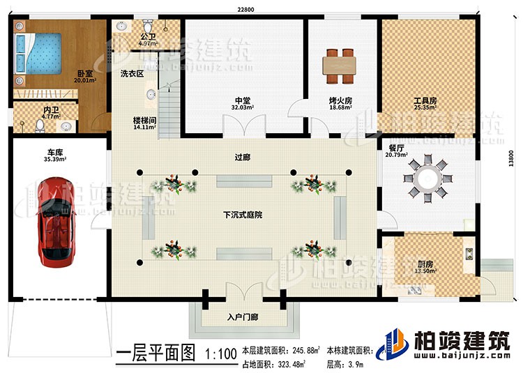 一層：入戶門廊、下沉式庭院、樓梯間、洗衣區、中堂、烤火房、工具房、餐廳、廚房、車庫、臥室、內衛、過廊