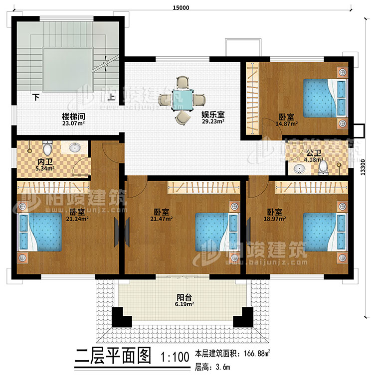 二層：樓梯間、娛樂室、4臥室、公衛、內衛、陽台