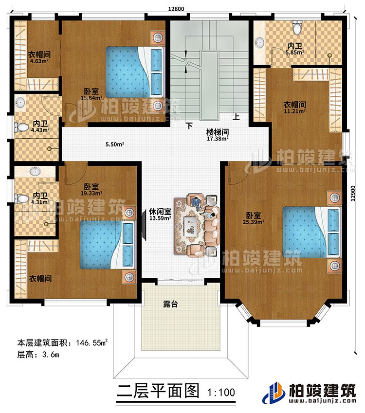 二層：樓梯間、休閑室、3臥室、3衣帽間、3內衛、露台