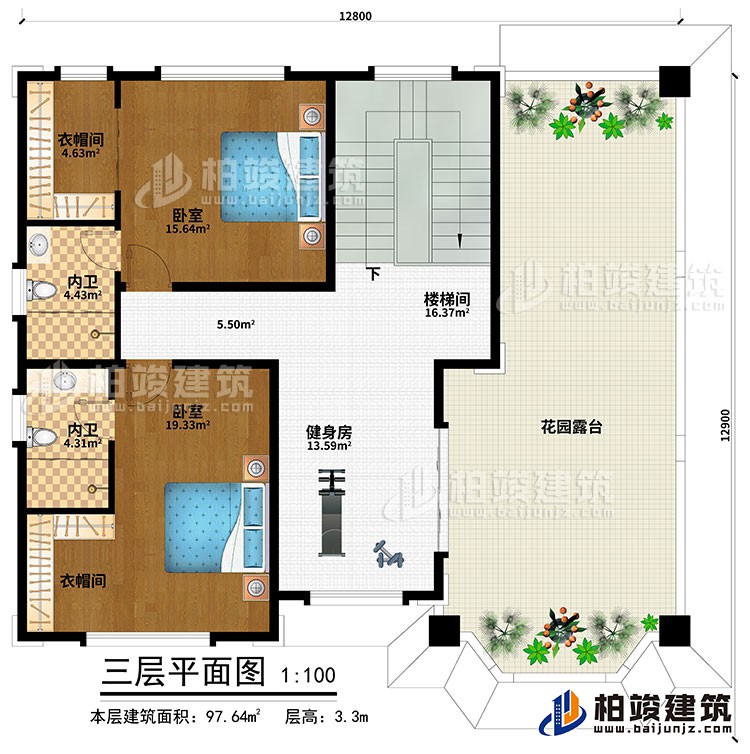 三層：健身房、樓梯間、2臥室、2衣帽間、2內衛、花園露台