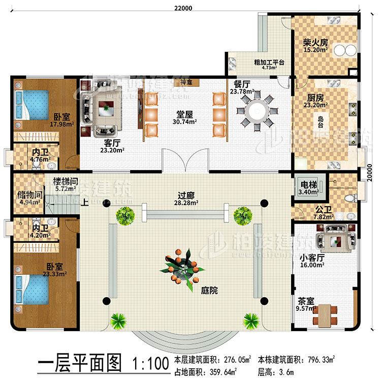 一層：過廊、庭院、堂屋、神龕、客廳、餐廳、廚房、柴火房、粗加工平台、電梯、樓梯間、儲物間、小客廳、茶室、2臥室、2內衛、公衛