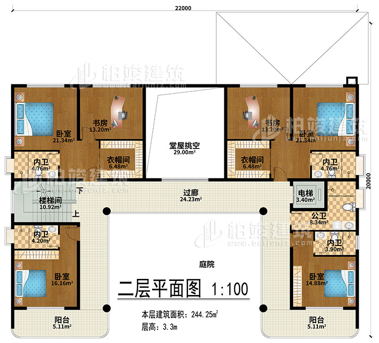 二層：堂屋挑空、過廊、樓梯間、電梯、4臥室、2衣帽間、2書房、4內衛、公衛、2陽台