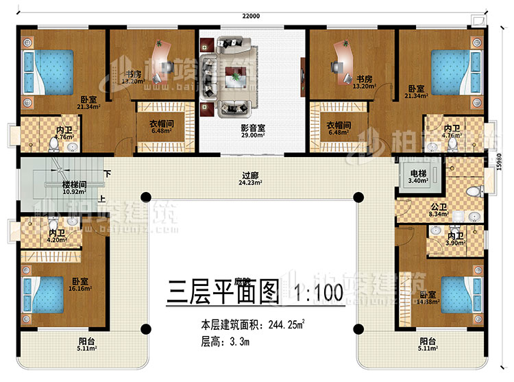 三層：影音室、過廊、樓梯間、電梯、4臥室、2衣帽間、2書房、4內衛、公衛、2陽台