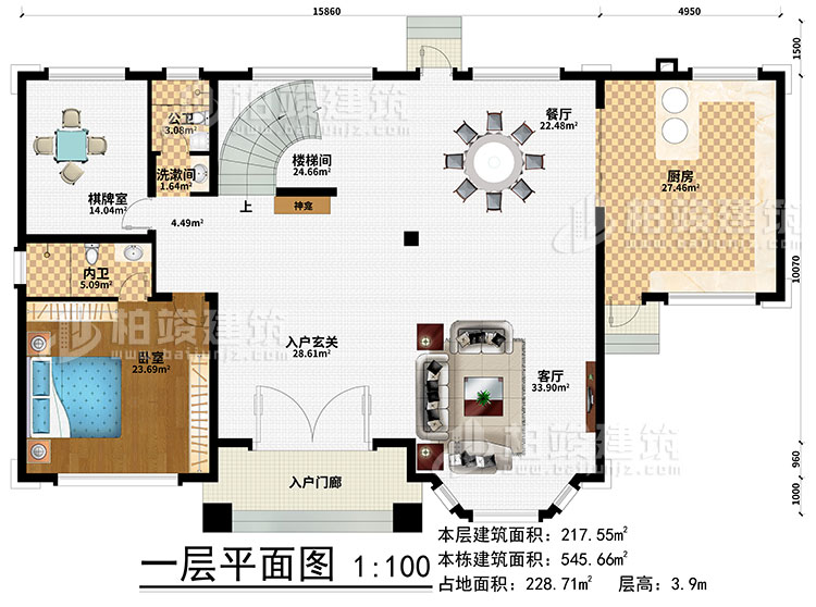 一層：樓梯間、3臥室、衣帽間、公衛、內衛、陽光房、涼亭、2露台